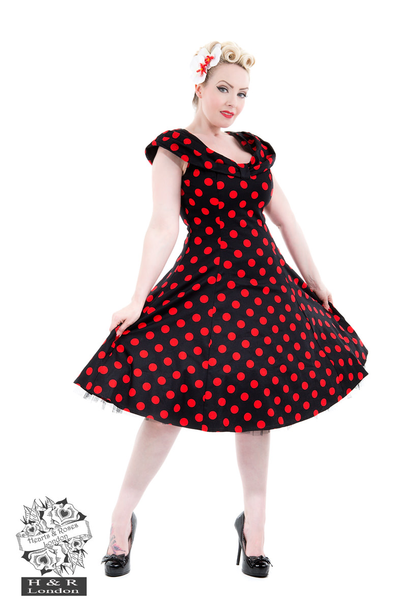 Black Red Large Polka Dot Off Shoulder Dress